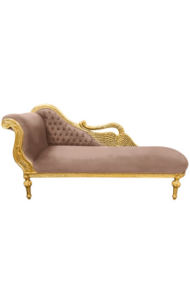 Grote barok chaise longue met een zwaan taupe fluwelen stof en goud hout