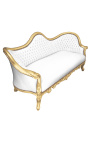 Canapea baroc Napoleon III din piele albă și lemn auriu