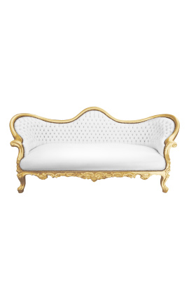 Barroco Napoleón III sofá de cuero blanco y madera de oro