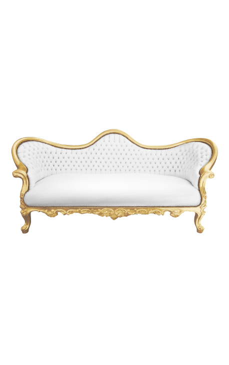 Barockes Napoleon III-Sofa aus weißem Kunstleder und goldenem Holz