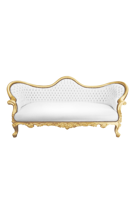 Barokinė Napoleon III sofa balta dirbtinė oda ir aukso mediena