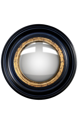 Round convex mirror called "witch's mirror" with black and gold frame
