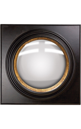 Gran espejo cuadrado convexo llamado "espejo de bruja" con marco negro y oro