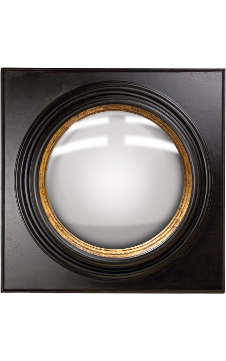 Large convex square mirror called "witch's mirror" with black and gold frame