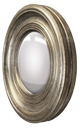 Round convex mirror called &quot;witch&#039;s mirror&quot; with patinated silver frame