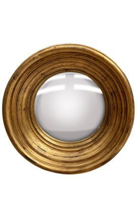 Grande espelho redondo convexo chamado "espelho de bruxa" com moldura dourada patinada