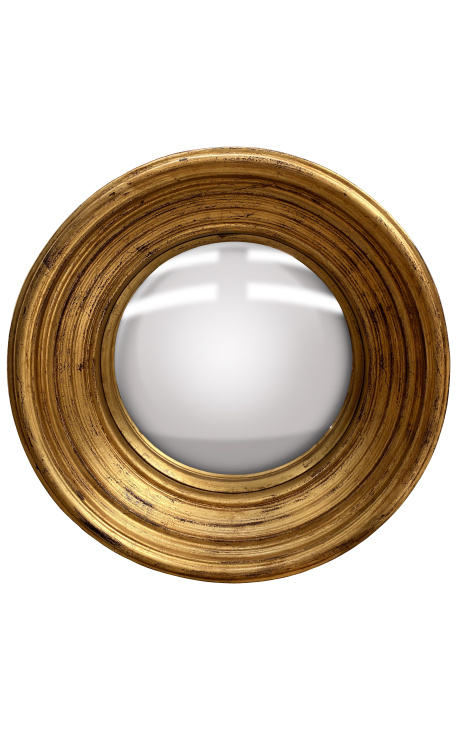 Duże okrągłe lustro zwane "czarodziejskie lustro" z patynowanymi złotymi ramami