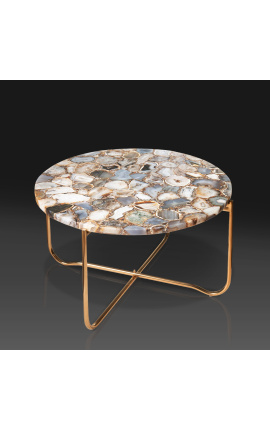 Round coffee table &quot;Lucy&quot; with agate and onyx top with gilded metal stand