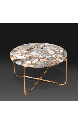 Round koffie tafel &quot;Lucy&quot; met agate en onyx top met gilded metalen stand