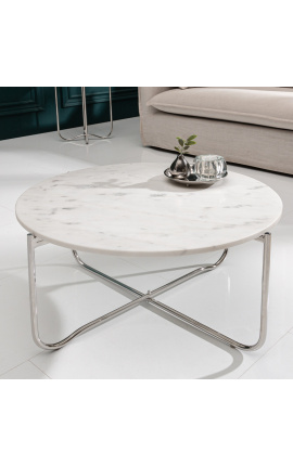 Table basse ronde "Lucy" plateau en marbre blanc avec pied en métal argenté