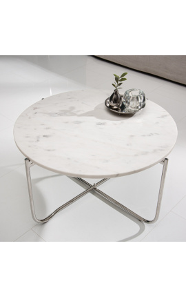 Round coffee table &quot;Lucy&quot; white marble top with silver stand