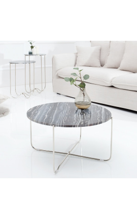 Round koffie tafel "Lucy" grijs marmer top met zilver stand