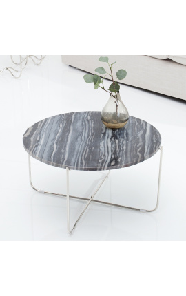 Table basse ronde &quot;Lucy&quot; plateau en marbre gris avec pied en métal argenté