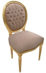 Cadira d'estil Lluís XVI en teixit de vellut taupe i fusta daurada