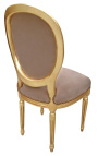 Cadeira estilo Luís XVI em tecido de veludo taupe e madeira dourada