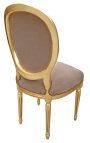 Louis XVI-stijl stoel taupe fluweel en goud hout