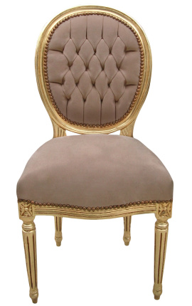 Silla de estilo Luis XVI taupe terciopelo y madera de oro