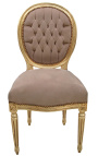 Cadeira estilo Luís XVI em tecido de veludo taupe e madeira dourada