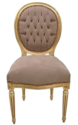 Stuhl im Louis XVI-Stil aus taupefarbenem Samt und Goldholz