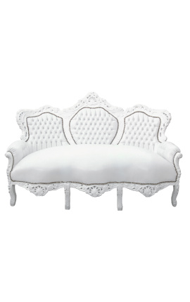Canapé baroque tissu simili cuir blanc et bois laqué blanc