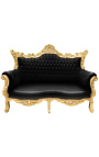 Sofá barroco rococó 2 lugares couro sintético preto e madeira dourada