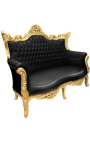 Barokinė rokoko dvivietė sofa iš juodos odos ir auksinės medienos