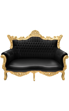 Sofá barroco rococó 2 lugares couro sintético preto e madeira dourada