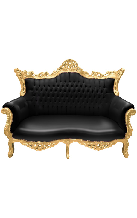 Sofa 2-osobowa w stylu barokowym rokoko czarna ekoskóra i złote drewno