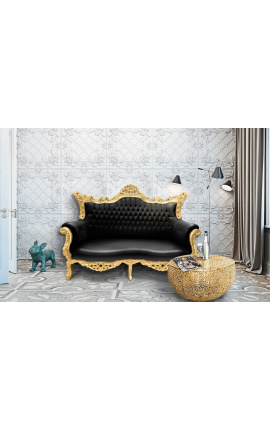 Barock rococo 2 siter soffa svart läder och guld trä