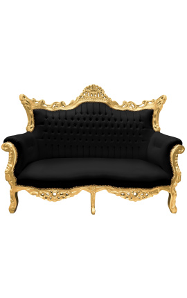 Barockes Rokoko-2-Sitzer-Sofa aus schwarzem Samt und goldenem Holz
