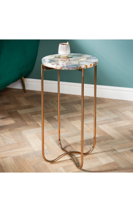 Krug "Lucy" bočni stol s agatom i onix vrha s zlatnim metalnim nogom