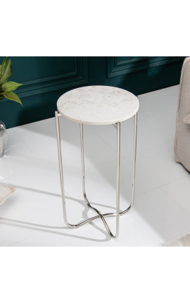 Okroglo &quot;Lucy&quot; stranska miza z belim marmorjem na vrhu s srebrnim stojalnikom