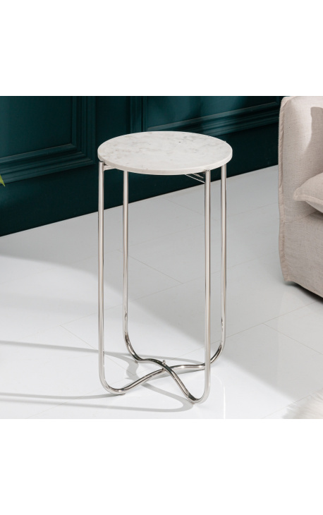 Round "Lucy" side table with white marble top with silver metal stand