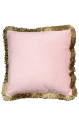 Neliön muotoinen tyyny puuterivaaleanpunaista samettia kultaisilla hapsuilla 45 x 45