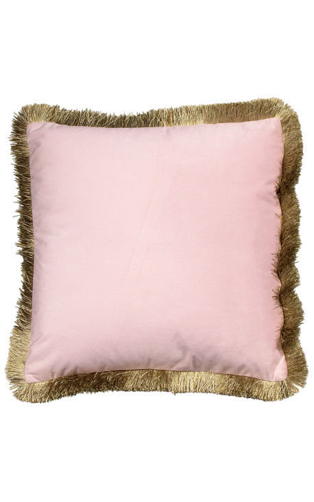 Almofada quadrada em veludo rosa pó com trança de franjas douradas 45 x 45