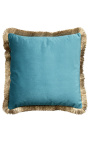 Kwadratowa poduszka z błękitnego aksamitu ze złotymi frędzlami 45 x 45