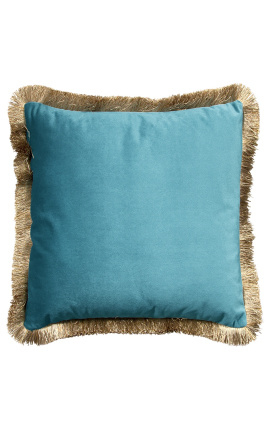 Fyrkantig kudde i babyblå sammet med gyllene fransar 45 x 45