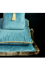 Kwadratowa poduszka z błękitnego aksamitu ze złotymi frędzlami 45 x 45
