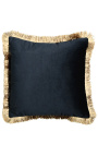 Coussin carré en velours noir avec galon à franges doré 45 x 45