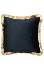 Square cushion in black velvet with golden fringes 45 x 45