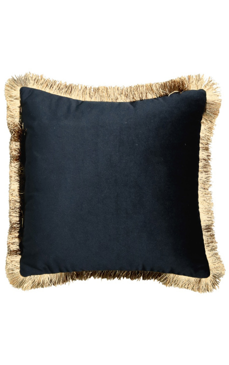 Coussin carré en velours noir avec galon à franges doré 45 x 45