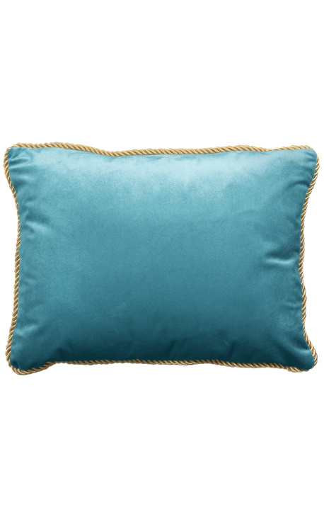 Stačiakampė pagalvėlė iš mėlyno aksomo su aukso spalvos susukta apdaila 35 x 45