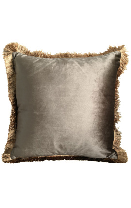 Квадратная подушка из серо-коричневого бархата с золотой бахромой 45 x 45