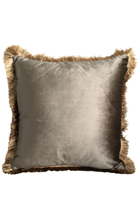 Square cushion in taupe velvet with golden fringes 45 x 45