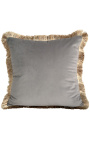 Square cushion in gray velvet with golden fringes 45 x 45