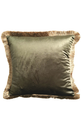 Square cushion in green velvet with golden fringes 45 x 45