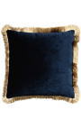 Coussin carré en velours bleu marine avec galon à franges dorées 45 x 45
