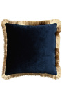 Square cushion in petrol blue velvet with golden fringes 45 x 45