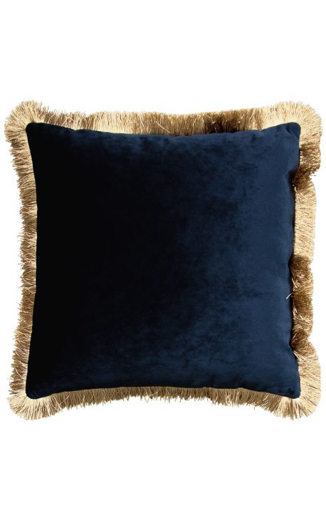Cuscino quadrato in velluto blu navy con treccia di frange dorate 45 x 45