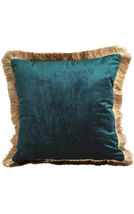 Vierkant kussen in benzine blauw fluweel met gouden franjes 45 x 45